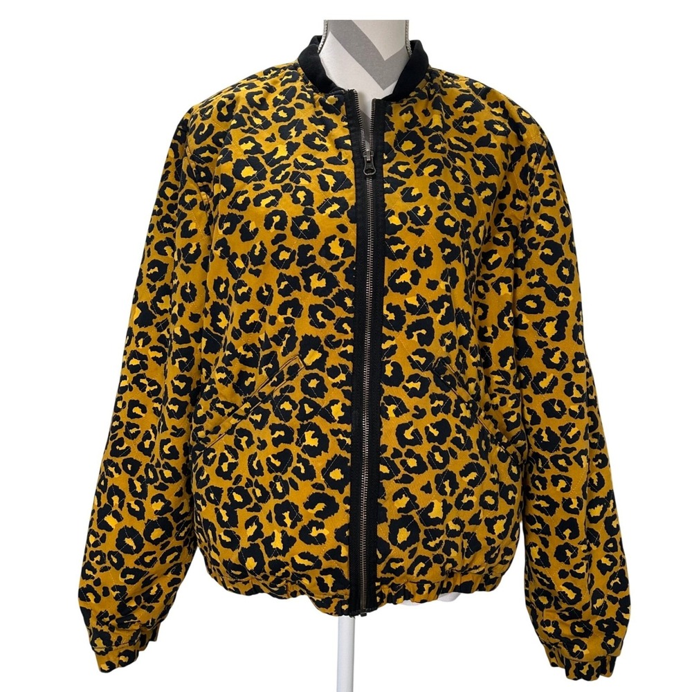 H&M Leopard Print Bomber Jacket Mustard Yellow‎ Black Quilted Full Zip Women M